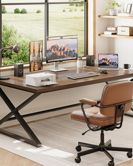 IBF Wood Large Computer Desk, 70.8” Long Home Office Desk for Two Person, Farmhouse Work Study Writing Table in Bedroom, Simple Wide Metal Executive Double PC Gaming Workstation, Rustic Oak