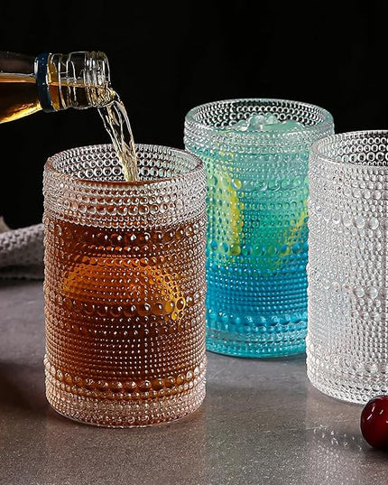 Vintage Hobnail Drinking Glasses Set of 8,Clear 12 oz & 15oz Highball Glass Cups, Kitchen Drinkware Glassware,Embossed Water Tumbler,for Beer,Cocktail,Whiskey,Juice and Various Mixed Drinks