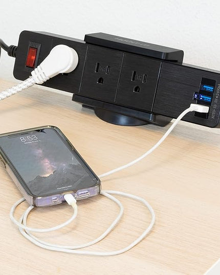 Mount-It! Power Strip Holder Clamp Desk Mount with Included Surge Protector | Black Desktop Power Outlet with 3 USB Ports and 3 AC Power Outlets | Adjustable Power Strip Clamp Mount