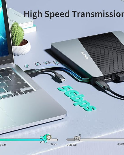 External CD DVD Drive, USB 3.0 USB C Portable CD DVD +/-RW Burner DVD Player for Laptop with SD/Micro SD Card Reader 8 in 1 Hub Compatible with Laptop Mac PC Windows Linux