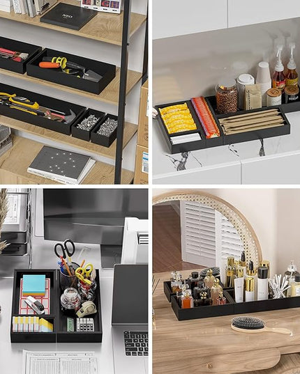 Bamboo Kitchen Drawer Organizer - Set of 2, Stackable Utensil Organizers, Wooden Storage Box Tray for Cabinet, Pantry, Bathroom Countertop, Multi-use Organization and Storage (Black)