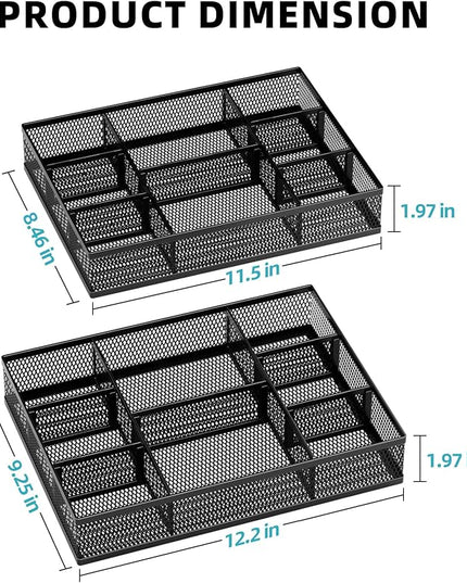 Marbrasse 2 Pack Desk Drawer Organizer, Mesh Drawer Organizer Tray with 8 Adjustable Compartments, Desk Organizers and Accessories, 5 Dividers Drawer for Office Supplies, Makeup & Vanity (Black)
