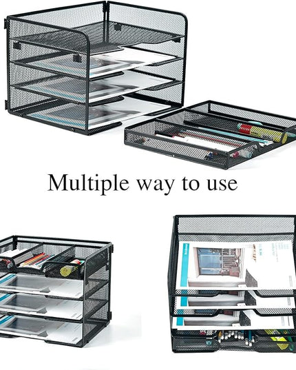 SETTFRFE 4 Tier Mesh Paper Letter Tray,Desk File Organizer with A Sliding Drawer,Office Supplies Desk Organizer for Home Office,Black.