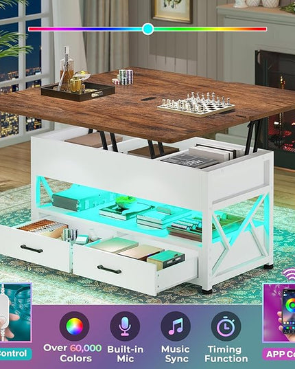 Itaar 40" Lift Top Coffee Table, 4 in 1 White Coffee Tables with Storage for Living Room, Small Coffee Table with 2 Drawers & LED Light for Dining Room, White and Rustic Brown
