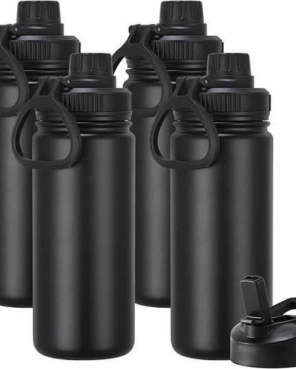 DOMICARE 16 oz Kids Water Bottle for School Stainless Steel Double Wall Vacuum Insulated Water Bottle with Straw lids & Spout Lid, Leakproof BPA Free （Black,4）