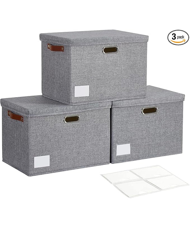 17" Large Collapsible Storage Bins with Lids, Stackable Closet Organizers with PU Handle and Labels, 3-Pack Decorative Fabric Storage Boxes for Home, Bedroom, Closet, Office, Nursery(Gray)