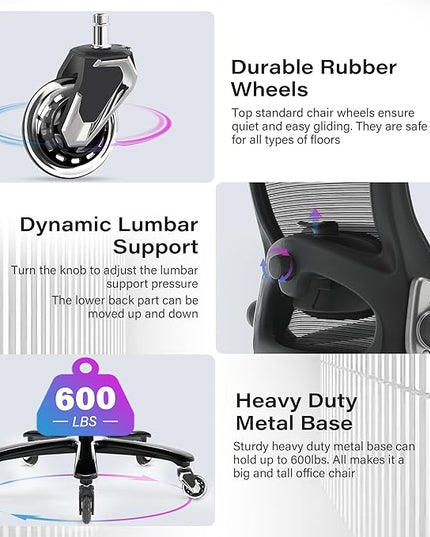 600lbs Big and Tall Office Chair- Heavy Duty Executive Computer Chair with 3D Flip Arms Large Wheels, Ergonomic Mesh High Back Desk Chair, Extra Wide Seat Adjustable Lumbar Support&Headrest
