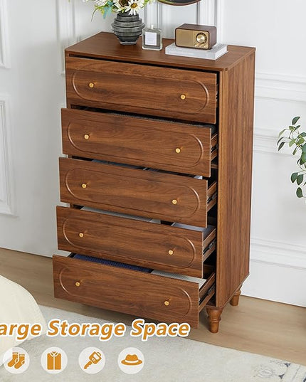 5 Drawer Fluted Dresser for Bedroom, Mid Century Modern Chest of Drawers, Wood Storage Large Dresser Organizer for Bedroom Living Room Hallway Closet, Walnut