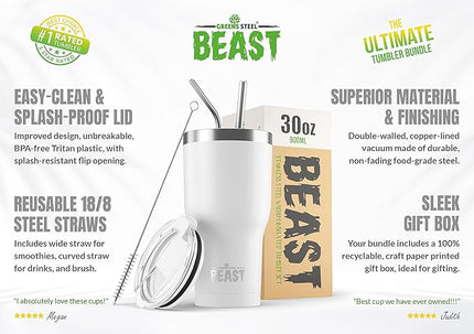 BEAST Insulated Coffee Mug – 900 ml I Arctic White I Stainless Steel I Reusable, Insulated Cups I 2 Straws and Cleaning Brush, Double Walled Travel Coffee Thermos I Hot or Iced Coffee