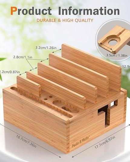 Pezin & Hulin Bamboo Charging Station for Multiple Devices Include 5 Port USB Charger, 5 Cables, Desktop Organizer for Phones, Tablet, Wooden Docking Stations