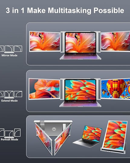 Laptop Screen Extender, 14" FHD 1080P IPS Laptop Monitor Extender, 315° Rotation Triple Portable Monitor for 13.5" -16.5" Laptops, Type-C/HDMI/USB-A Plug & Play for Wins, Mac, Android, Switch