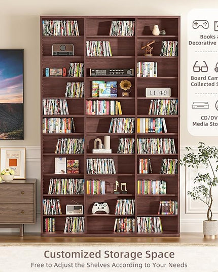 LELELINKY 11 Tier Tall Display Cabinet, Walnut Media Storage Cabinet with Adjustable Shelves, Free Standing DVD Organizer Shelf, Floor multimedia storage manga bookshelf for Living Room & Home Office.