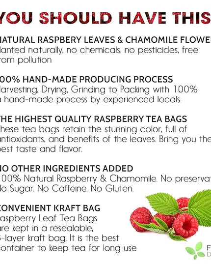 FreshDrinkUS, 75 Bags Premium Raspberry Leaf Teawith Chamomile Flavor, Eases Menstrual Cramps & Supports Healthy Pregnancy, Naturally, Caffeine-Free, Sugar Free, Vegan