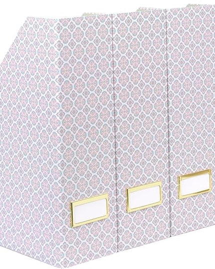 BLU MONACO | Foldable Magazine File Holder Set of 4 | Moroccan Tile Cardboard Organizers | Vertical Desk and Shelf Storage for Home Office Dorm | Decorative File Boxes