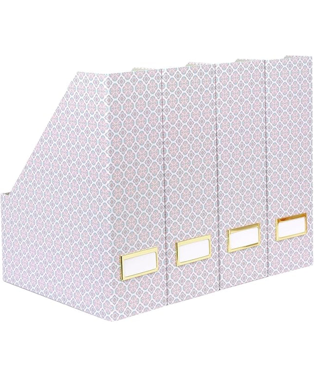 BLU MONACO | Foldable Magazine File Holder Set of 4 | Moroccan Tile Cardboard Organizers | Vertical Desk and Shelf Storage for Home Office Dorm | Decorative File Boxes