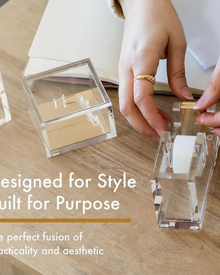 OfficeGoods Acrylic Tape Dispenser – Modern Desk Organizer for Office Supplies – Heavy Duty Refillable Tape Holder for Home and School Crafting – Stylish Desktop Accessory for Gift Wrapping, Gold