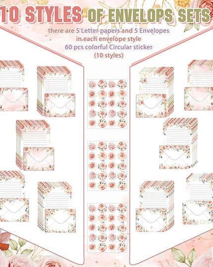 TaoBary 160 Pcs Stationery Paper Set 50 Double Sided Stationery Papers with 50 Matching Envelopes and 60 Round Dot Sticker, 10 Design(Pink Floral,5.5 x 8.25 Inch)