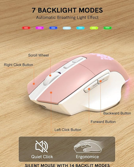 SABLUTE Ergonomic Wireless Keyboard and Mouse Combo - Wave Keyboard with Soft Leather Wrist Rest, Resistant Keys, RGB Backlit Rechargeable Set for PC/Mac/Chromebook (Black) (Pink)