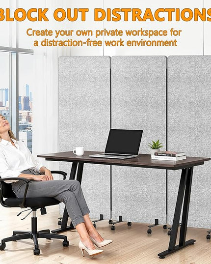 Soundproof Room Divider Panel with Wheels, 66in Portable Office Partition Screen, 3 Panel Temporary Wall Divider for Sound Proof Separation, Cubicle Privacy Panels for Desk (Light Grey)