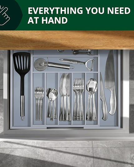 ROYAL CRAFT WOOD Luxury Bamboo Kitchen Drawer Organizer - Silverware Organizer - Utensil Holder and Cutlery Tray with Grooved Drawer Dividers for Flatware and Kitchen Utensils (9 Slot, Gray)