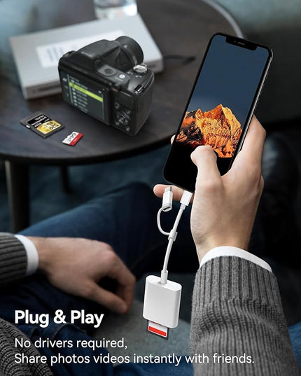 SD Card Reader for iPhone, SD Card Adapter with Lightening & USBC Dual-Connector for iPhone 5-14, USB-C iPhone 15, iPad, Mac or MacBook, Supports SD MicroSD Trail Camera Viewer, Plug and Play