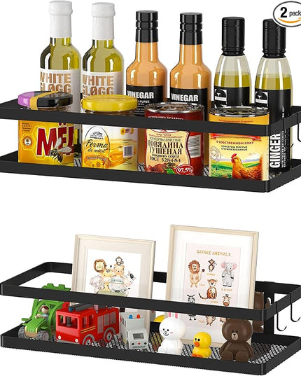 PUSDON Hanging Storage Baskets Organizer Wall Mount, Metal Wire Storage Bin Rack for Kitchen Bathroom Shower Spice Shelf Home Decor Essentials Black-2 Packs(Guardrail)