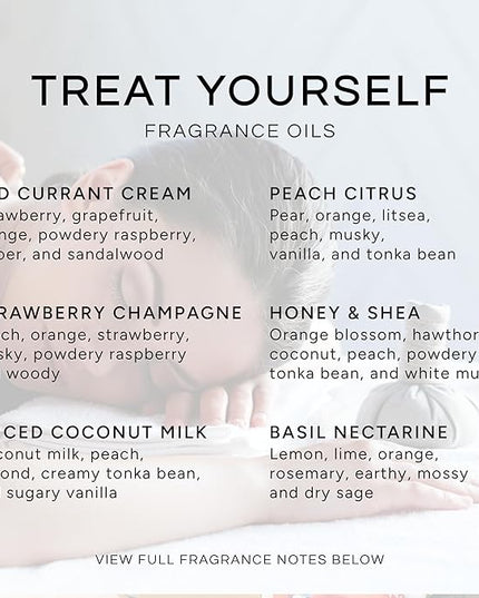Eternal Essence Oils Treat Yourself Set of 6 Premium Fragrance Oils - Includes Peach Citrus, Strawberry Champange, Spiced Coconut Milk, Basil Nectarine, Red Currant Cream, & Honey & Shea - 10ML
