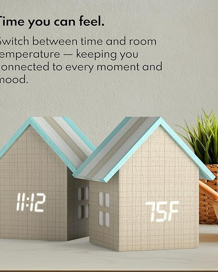 Driini Digital House Shaped Alarm Clock with Temperature Display (Stripe Wood) – Modern Aesthetic - Cute Cube Frame and White LED Dimmer - Perfect Large Desk Clock for Bedside Table or Bedroom Mantle