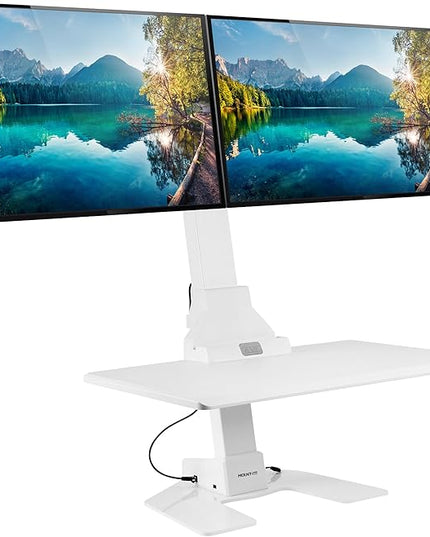 Mount-It! Electric Standing Desk Converter, Motorized Sit Stand Desk Riser with Dual Monitor Mounts, Adjustable Height Ergonomic Workstation with 28” Wide Platform and Tablet/Phone Slot, White