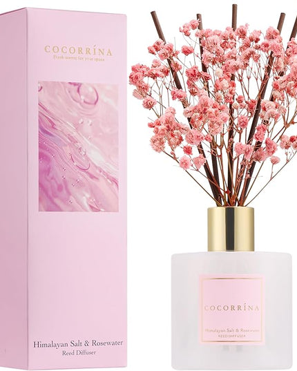 COCORRÍNA Reed Diffuser - Himalayan Salt & Rosewater 6.7 Fl.oz Reed Diffuser Set with Sticks & Preserved Baby's Breath, Reed Diffuser for Home Bathroom Shelf Decor