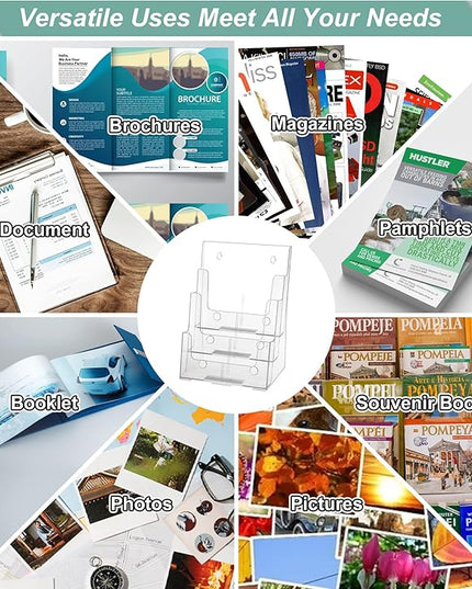 2 Pack Acrylic Brochure Holder 8.5 x 11 inches, 3 Tier Clear Brochure Display Stand with Removable Divider for Trifold 4 Inches Wide Pamphlet, Plastic Flyer Holder for Magazine, Literature, Booklet
