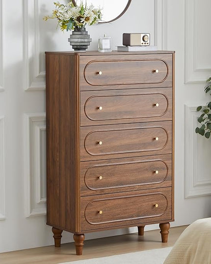 Fluted 5 Drawer Dresser for Bedroom Set of 2, Modern Mid Century Chest of Drawers, Wood Storage Large Dresser Organizer for Bedroom Living Room Closet Hallway, Walnut