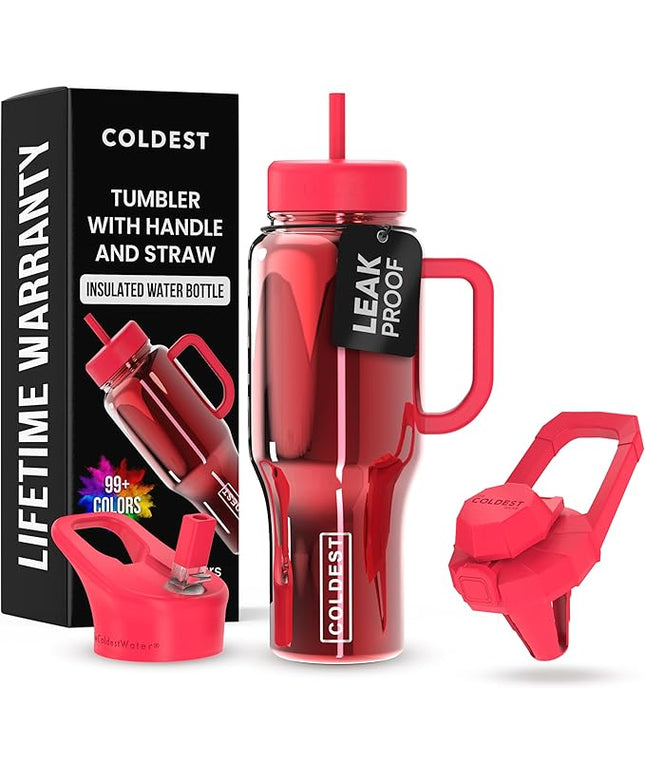 Coldest Tumbler with Handle and Straw - 100% Spill Proof Tumbler with Straw (3 Lids), Stainless Steel Insulated Leakproof Tumblers for Women & Men - 36 oz (Raspberry Reflections)