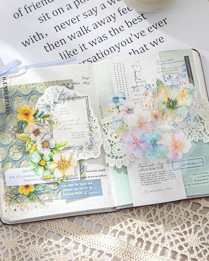 AuriicLeaf Floral PET Sticker Set, 60PCS Transparent Butterfly, Lace, and Flower Stickers for Scrapbooking, Journaling, Planners and DIY Crafts