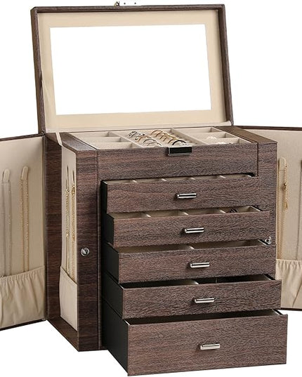 Frebeauty Large Jewelry Box,6-Tier PU Leather Jewelry Organizer,Multi-functional Storage Case with Mirror,Accessories Holder with 5 Drawers for Necklace Bracelets Watches(Tree Brown)