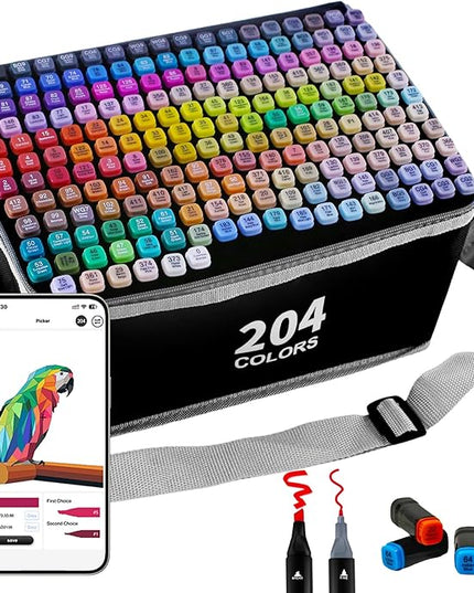 204 Colors Alcohol Markers with APP, Dual Tip Art Marker for Adults Coloring Books, Alcohol Based Ink Illustration Markers Set for Adult Artist Drawing Sketching Painting Lettering Cards
