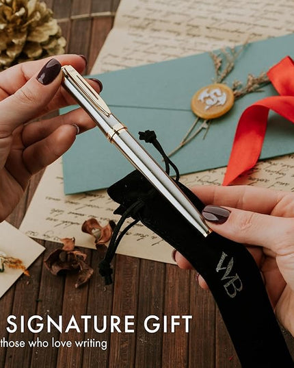 Wordsworth & Black Fountain Pen Set, 18K Gilded Extra Fine Nib, Includes 24 Pack Ink Cartridges, Ink Refill Converter & Gift Pouch, Gold Finish, Calligraphy, [Silver Gold], Perfect for Men & Women