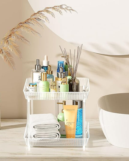 2 Tier Lazy Susan Bathroom Countertop Organizer, 360° Clear Rotating Square Storage Tray, Cosmetics and Perfume Organizer, Spinning Storage Tray Vanity Organizer Shelf for Bathroom Cabinet, Kitchen