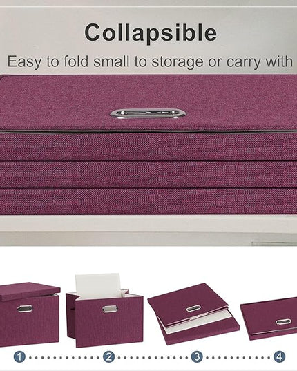 Large 17" 36 Quart Collapsible Stackable Storage Bins with Lids, 3 Packs Purple Linen Fabric Closet Boxes with Lids, Storage Cube Baskets Container Organizers for Bedroom Office (17x12x11)