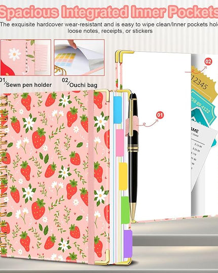 Spiral Journal Notebooks for Work, 300 Pages 5 Subject Notebook College Ruled with Dividers & Tabs, 8''x 10'' Large Notebook Journal for Women Students Note-Taking and Organizer (Pink Strawberry)