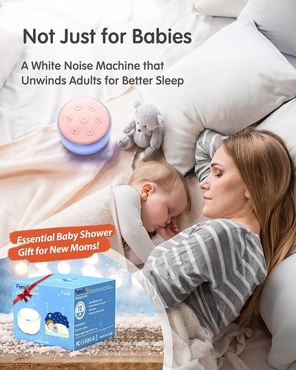 FamiSym Portable Sound Machine for Babies Kids Sleeping – Rechargeable, 7 Colors Night Light, 34 Soothing Sounds, Baby Sleep Soother, Lullaby White Noise Machine, Shush, Baby Shower, Registry Gift