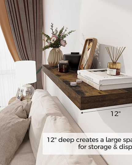 Floating Shelves 36 Inch Long, 12 Inch Deep Floating Shelves for Wall, 36 x 12 Shelves for Wall Storage & Display, 2" Thick Floating Shelf for Bathroom, Living Room, Rustic Brown Color, Set of 1