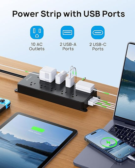 TROND Power Strip Surge Protector, Flat Plug 15ft Long Extension Cord, 10 Widely Spaced AC Outlets, 2 USB A & 2 USB C Ports, 4000J, ETL Listed, Wall Mountable, for Home Office Entertainment, Black