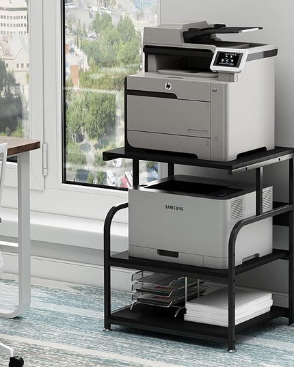 Printer Stand, 23.6 x18.9 x 30 Inches Large Printer Table with Adjustable Storage Shelf, 3 Tier Rolling Printer Cart with Wheels for Home Office, Stand for Heat Press Mini Fridge, Black