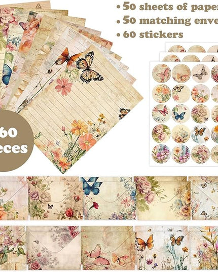 160 Pcs Stationery Paper Envelopes Set Includes 50 Lined Writing Paper & 50 Envelopes with 60 Colorful Round Dot Stickers, Cute Vintage Floral Letter Writing and Stationery Paper Envelopes(10Style)