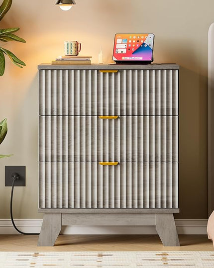 BORNOON 30.5" Nightstand with Charging Station, 3-Drawer Fluted Bedroom Chest, Wood Bedside Dresser with Power Outlets and USB Ports, Metal Slides, Stable Base, Modern Storage Cabinet for Small Spaces