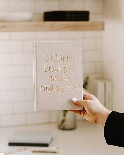 Sweet Water Decor Cute Motivational Lined Composition Notebook for Women, 100 Ruled Pages for Writing, Diary with Fabric Inspirational Cover (Strong Beautiful Brave Courageous)