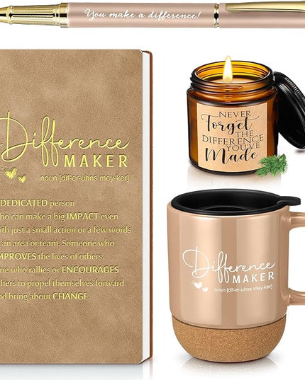 4 Pcs Difference Maker Gift for Women Men Teacher Employee Appreciation Gift for Coworker Staff Coach Difference Maker Mug Notebook Scented Candle Motivational Ballpoint Pen for Valentines(Brown)