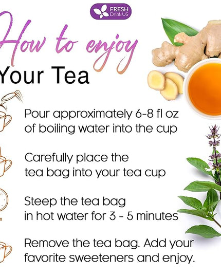 FreshDrinkUS, Premium 35 Ginger Tulsi Tea Bags, 100% Natural, Hand-made Blend of Ginger and Tulsi Holy Basil Leaves, Eco-conscious Tea Bags. Herbal Tea. No Sugar, No Caffeine, Vegan.