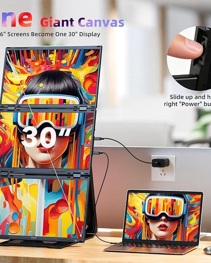 Quad Laptop Screen Extender, 15.6" FHD 1080P Triple Monitor, Combine into One 30" Screen (Landscape/Portrait), Just 1 Cable for 3 Screens, Driver Required, Compatible with Wins & Mac(M1/M2/ M3/M4/M5)